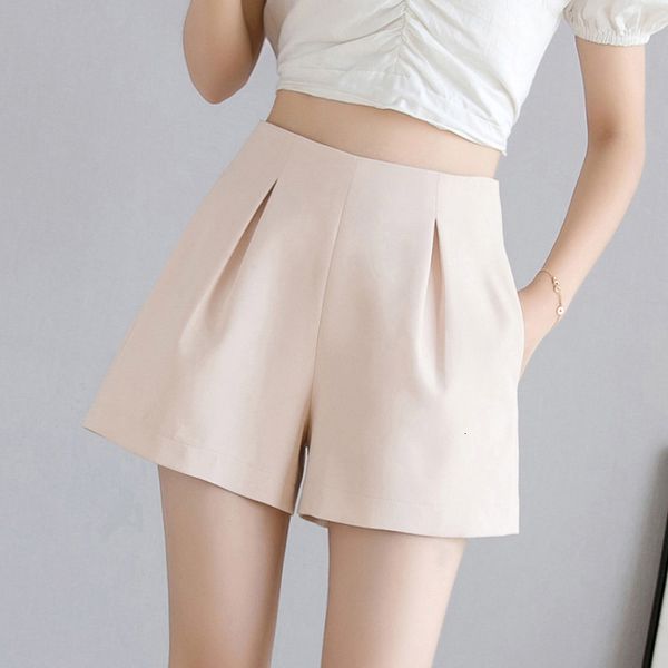 

summer shorts for women chiffon solid high waist wide leg short pants black zip up pockets shorts female short trousers dk6059, White;black