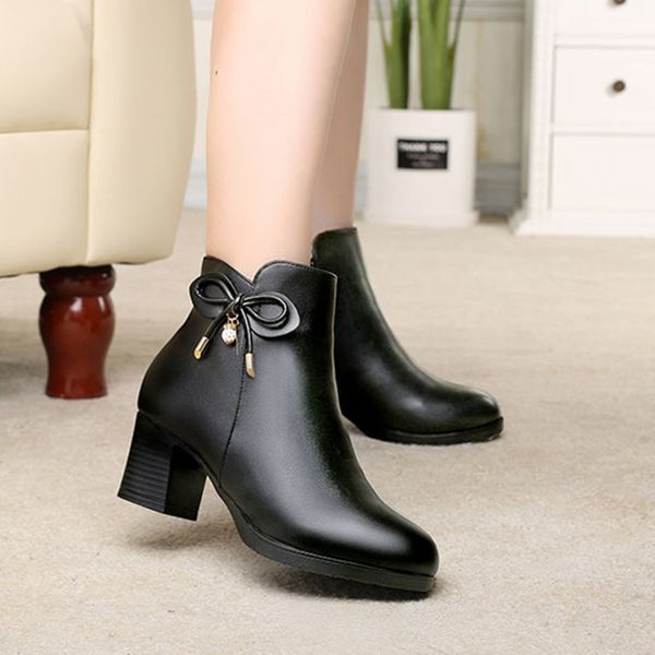 

boots women classic black pu leather bow tie side zip botas de mujer lady red g6394