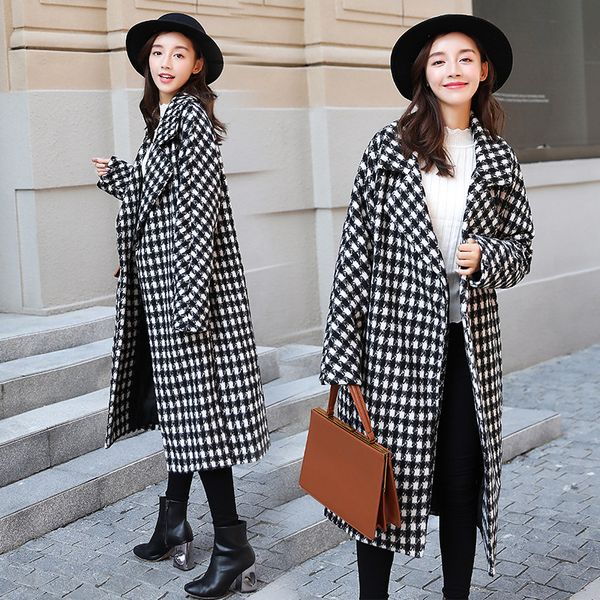

2020 korean version of the new loose houndstooth woolen coat female long section over the knees coat wool women, Black