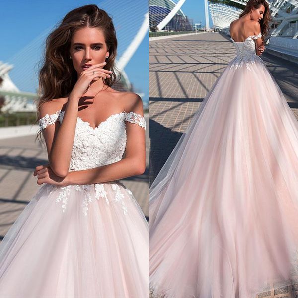 

white and pink tulle wedding dress off the shoulder sweetheart appliques bridal gowns lace up back bridal dresses 2020, Blue;red