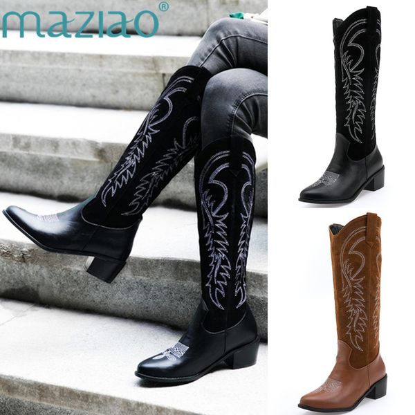 

embossed microfiber leather women boots pointed toe western cowboy boots mid-calf chunky knee high cowgirl, Black