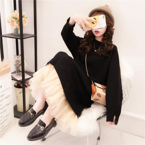 

autumn and winter dresses pregnant women sweater fashion 2020 loose bottoming shirt plus velvet warm mid-length woman sweaters, White;black