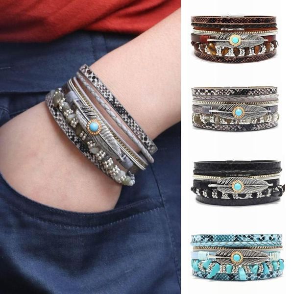 

vintage multiple layer leather bracelet for women men fashion bead semi-precious stones charms wrap bracelets jewelry gift, Golden;silver