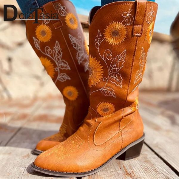 

doratasia 2020 new arrival autumn embroider boots med heels boots women trendy slip-on mid-calf western shoes woman, Black