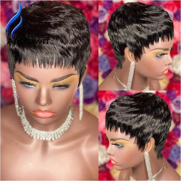 

lace wigs alicrown 13*4 pixie cut short bob front human hair closure bleached knots pre-plucked, Black;brown