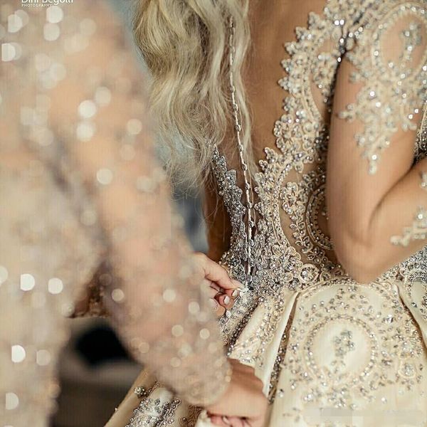 

luxury arabic dubai wedding dresses sheer neck long sleeve cathedral train crystal beads chapel bridal gowns vestidos de novia plus size, White