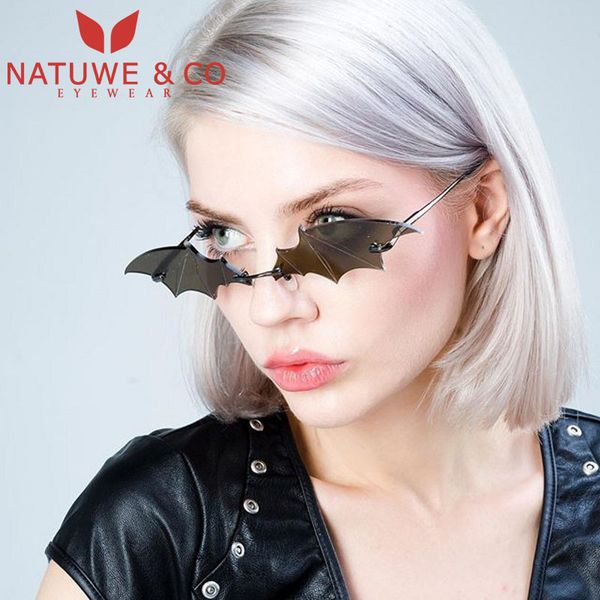 

natuwe&co 2020 trendy bat decoration rimless sunglasses for women fashion design small size eyewear, White;black