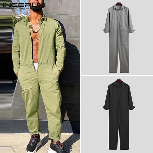 

incerun fashion men cargo overalls joggers long sleeve lapel streetwear zipper romper pockets 2020 solid pants chic men jumpsuit, Black