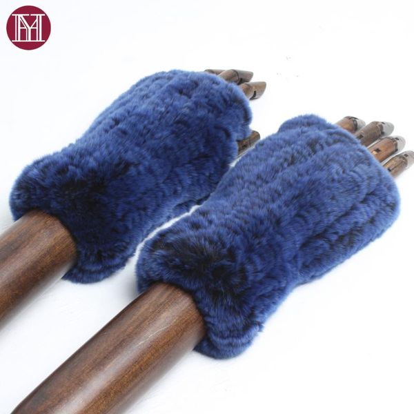 

five fingers gloves winter natural genuine rex fur good elastic knitted mittens fashion casualreal glove, Blue;gray