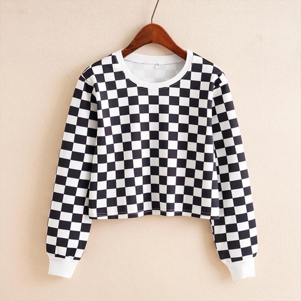 

women autumn casual fashion crop long sleeve ladies black white checkerboard print short cropped pullover sweatshirt