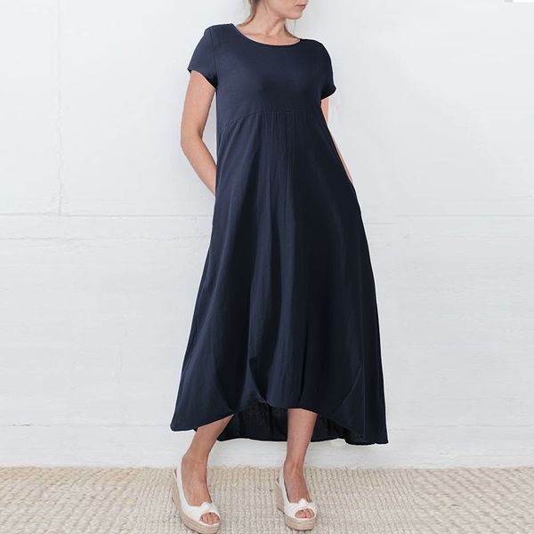 

zanzea women short sleeve loose solid pockets dress 2020 summer vintage mid-calf sundress casual cotton linen vestido plus size, White;black