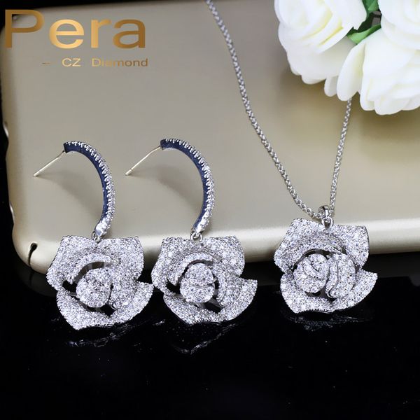 

pera romantic rose flower earrings and necklace big bridal wedding party cubic zirconia jewelry sets lovely gift for brides j197, Silver