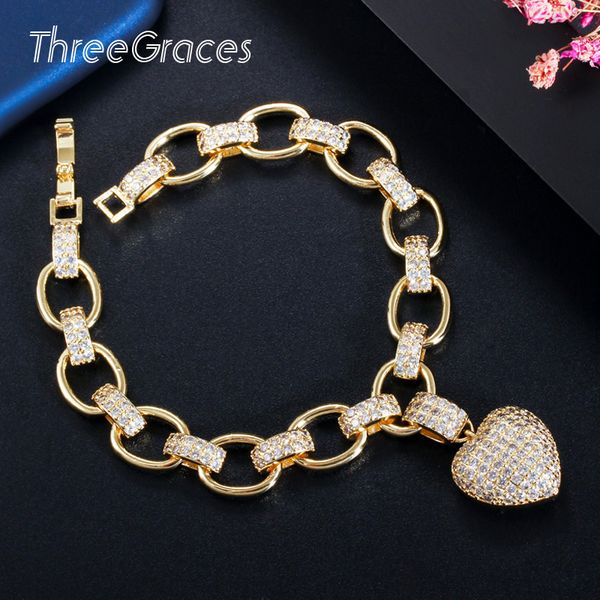

threegraces trendy exquisite love heart micro cz paved yellow gold bracelets for women daily hand luxury accessories gift br107, Black