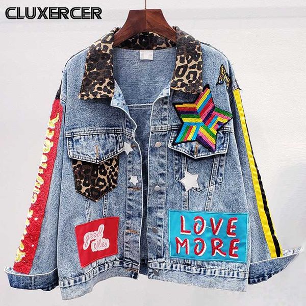 

vintage leopard print denim jackets coat women spring autumn diamonds sequins casual loose jeans coat, Black;brown