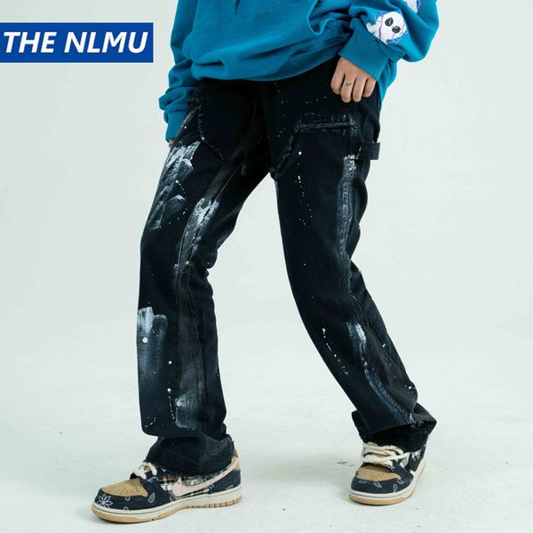 

men's jeans vintage flare pants men streetwear harajuku graffiti lnk denim 2021 hip hop broken biker pant blcak wy182, Blue