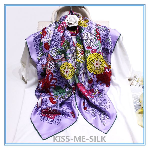 

kms new dandelion flowers silk twill square scarf shawl silk scarf square shawl for women 90*90cm/55g, Blue;gray