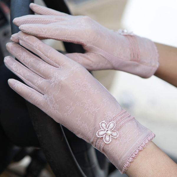 

five fingers gloves sun protection non-slip lace silk female thin section summer anti-uv touch screen driving short 03k, Blue;gray