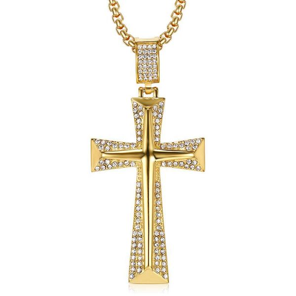 

pendant necklaces hip hop rhinestones paved bling iced out stainless steel catholic cross pendants for men jewelry gold silver color