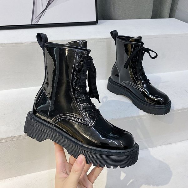 

новая зима мартин сапоги женщин британский стиль flatform толстым дном блестящая кожа зашнуровать ботинки мотоцикла botas короткие ботильоны, Black