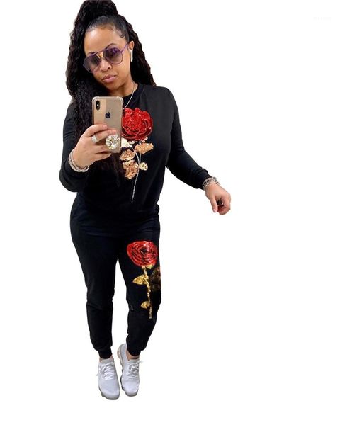 

printed tracksuits casual loose embroidery women 2pc set autumn winter designer crew neck ladies apparel female fashion floral, Gray