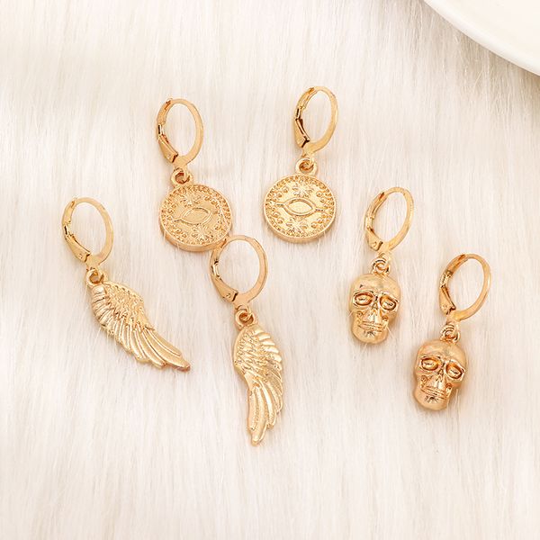 

3pairs european punk skeleton wing small hoop earrings set for women vintage personality turkish evil eye coin ear stud jewelry, Golden;silver