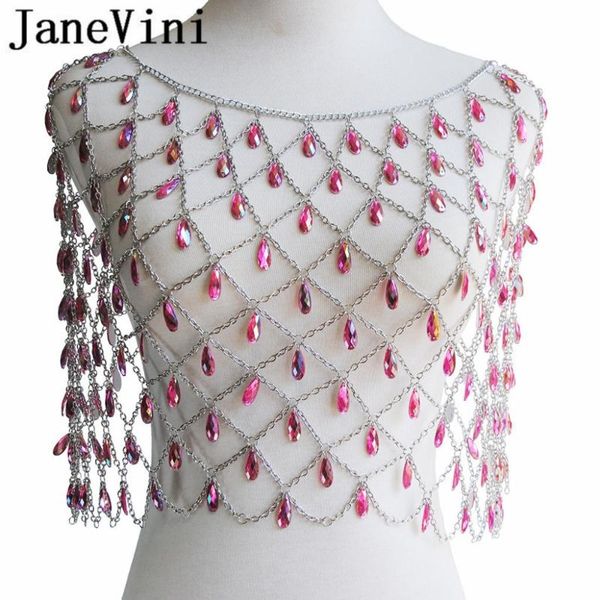 

janevini 2020 colorful crystals necklaces beaded beach wedding shoulder chain bridal wraps droplets jewelry necklace for women, Silver
