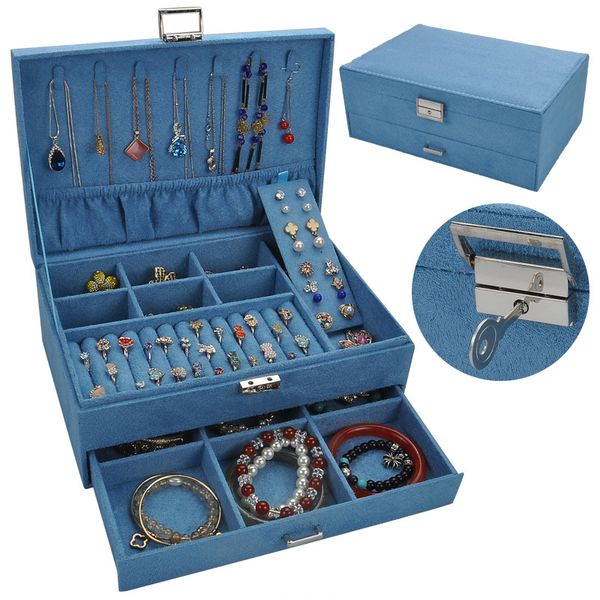 

2020 velvet jewelry box multi-layer earrings storage case 2 layers fashion jewelry organizer high grade flannel carrying cases, Pink;blue