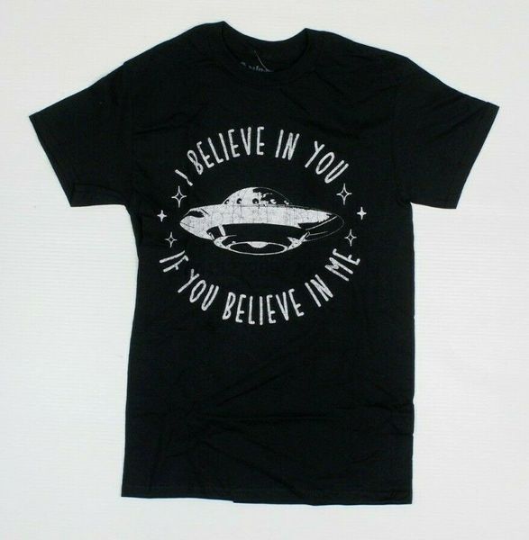 

spencers i believe in you alien space ship sci-fi black t-shirt new (3c1
