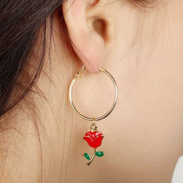 

dangle circle women pendant elegant rose flower hoop earrings for women alloy drip green leaf red flower ear ring decorations, Golden;silver