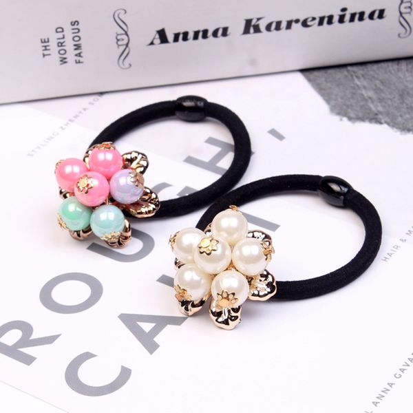 

women's fashion flower hair ropes handmade rubber band pearl hairbands charming korean girls hair accessory jewelry, Golden;silver