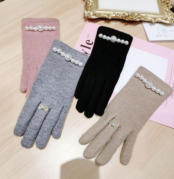 

women' autumn winter thicken warm brief pearl beaded wool gloves lady' touch screen winter cashmere driving glove r2276, Blue;gray