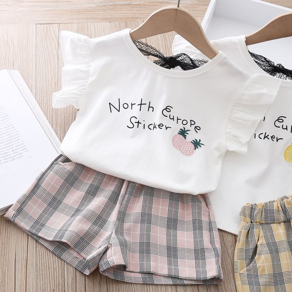 

children's clothes suit for girl pineapple embroidered lace t-shirt + plaid shorts girls 2pcs suit letter baby girl clothing set, White
