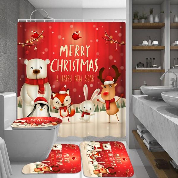 

christmas cartoon elk bear bathroom shower curtain waterproof curtains pedestal rug toilet cover bath mat carpet bathroom decor