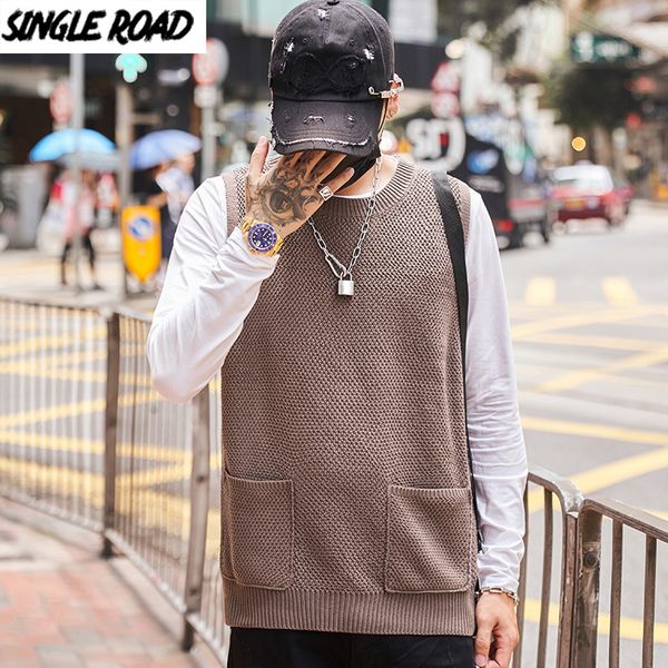 

singleroad oversized mens knitted sweater vest men vests 2020 harajuku hip hop sweaters korean khaki sleeveless sweater men, Black;white