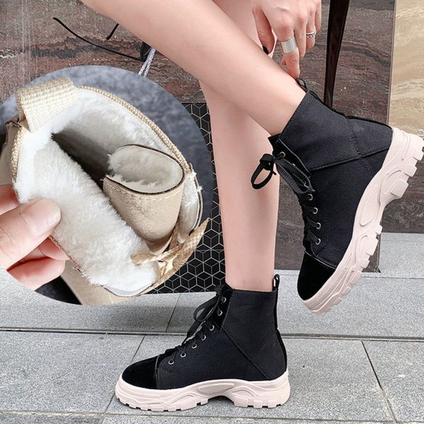 

2020 women snow boots casual wedges platform winter warm fur ankle boots for women flat lace-up rubber short shoes black