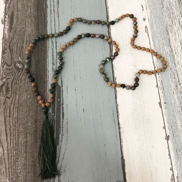 

chains japa mala necklace collar 108 bead india a-gate hand knotted tassel rudraksha meditation beads chakra jewelry unisex, Silver