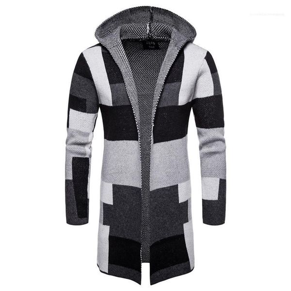 

plaid long mens coats patchwork color cardigan hooded mens blends knitted striped loose casual male outerwears, Black