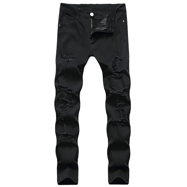 

men's jeans men long cotton fashion high-quality brand large size pants checked black stretch hole design, Blue