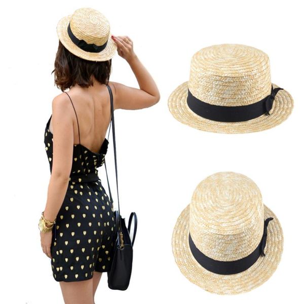 

wide brim hats women lady boater summer sun hat beach ribbon round flat beige straw fedora panama good package 20, Blue;gray