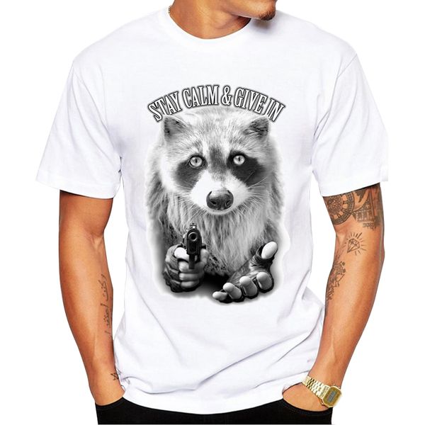 

2018 keep calm & give in men's fashion vintage cat with gun print t-shirt summer cool breathable t shirt hipster tee