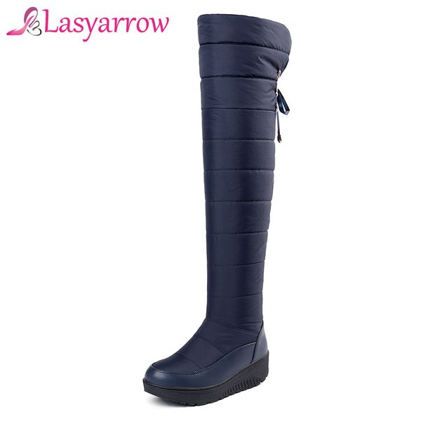 

lasyarrow down warm snow boots women round toe platform thigh high boots fashion lace up over the knee wedges botas mujer, Black