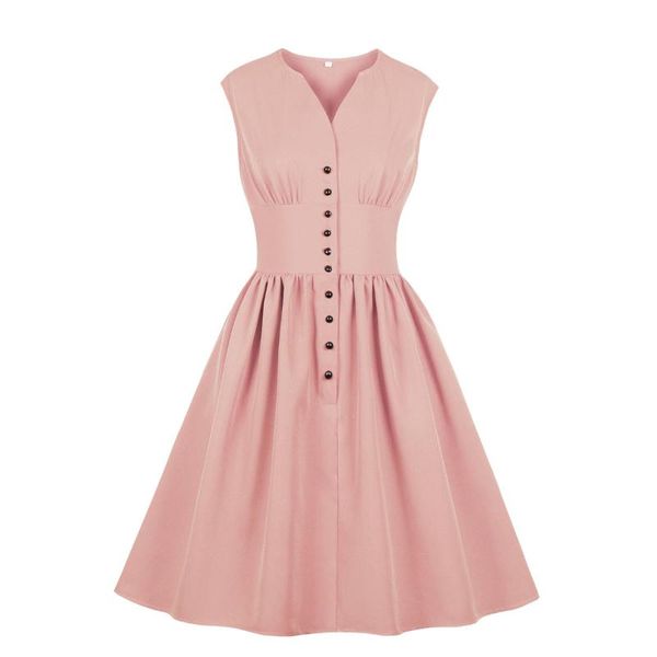 

casual dresses 2021 solid color red plus size women midi 50s sleeveless single breasted vintage high waist elegant pleated dress, Black;gray