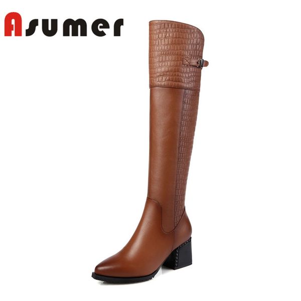 

asumer hot sale 2020 новое колено высокие сапоги заостренный носок толстые каблуки ботинки женщин пряжки темперамент зимой натуральной кожи, Black
