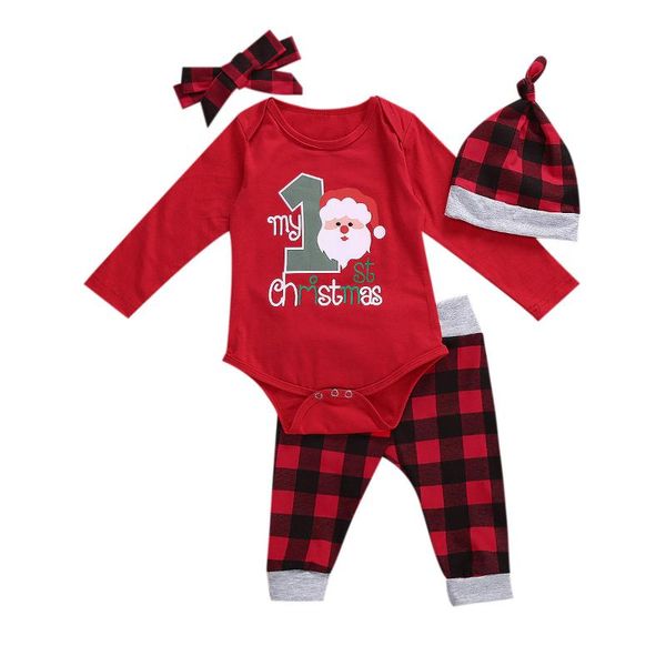 

4 pcs toddler christmas costume suit, o-neck long-sleeves rompers + red-black plaid pants + hat hairband for baby boy girl, White