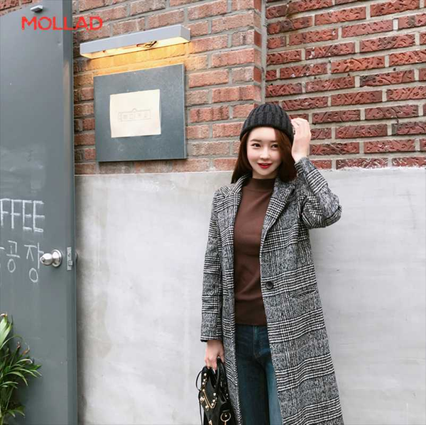 

mollad autumn and winter new vintage plaid wool coat, Black