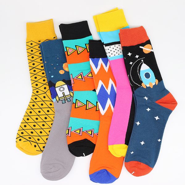 

men's socks 2021 autumn and winter trendy creative colorful geometric rocket mid-calf cotton, Black