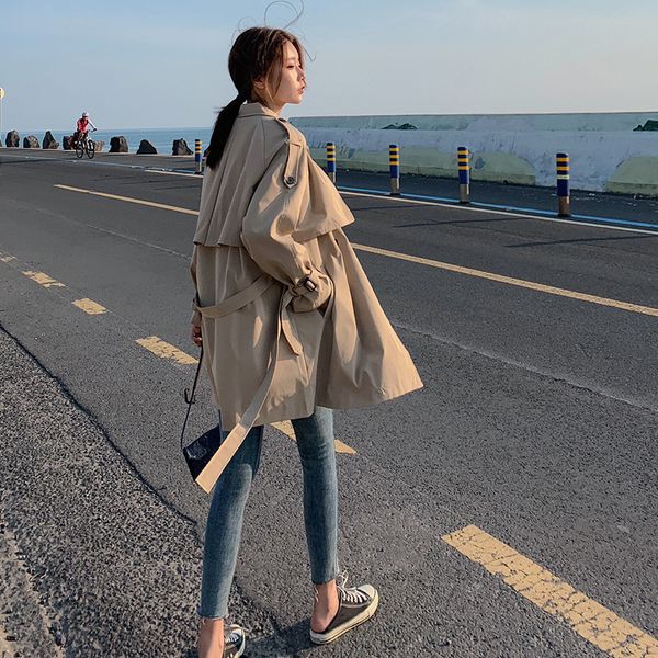 

women's windbreaker 2020 autumn new korean style loose student short khaki mid-length coat women's spring and autumn, Black;white