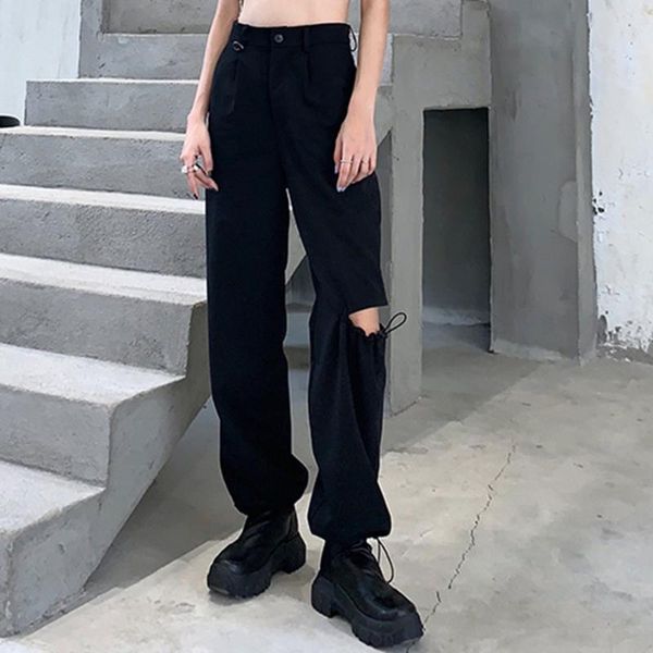 

2020 autumn woman hole rapped mid rise sweatpants soild casual slim workout pants lounge long hip hop punk cool girls trousers, Black;white