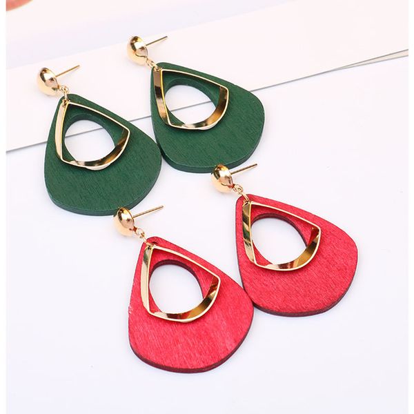 

2019 new elegant wood teardrop earrings bright metal 4 color dangle statement earrings for women jewelry