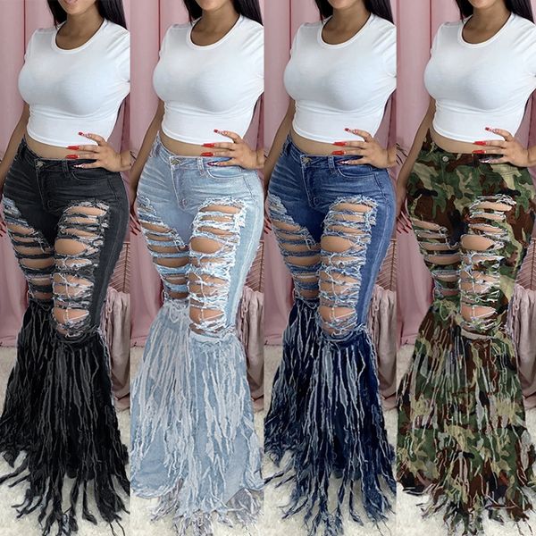 

jeans pants spot 2021 european and american style fringed brushed denim women's casual bell bottom women, Blue